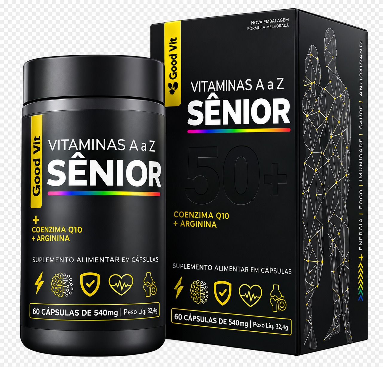 Vitaminas A a Z Sênior 50+, +L-Arginina e Coenzima Q10 60 Cápsulas